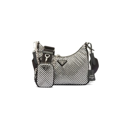PRADA RE-EDITION 2005 CRYSTAL-EMBELLISHED SHOULDER BAG 1BH204 (22*12*6cm)